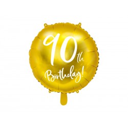 Balon foliowy 90th Birthday, złoty, 45cm (1 karton / 50 szt.)