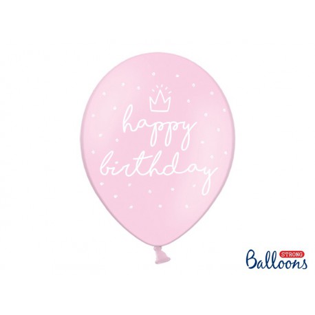 Balony 30cm, happy birthday, P. Baby Pink (1 op. / 6 szt.)