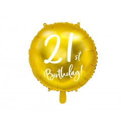 Balon foliowy 21st Birthday, złoty, 45cm (1 karton / 50 szt.)
