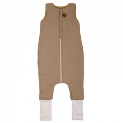 Hi Little One - ocieplany śpiworek dwustronny piżamka z nogawkami z organicznej BIO bawełny muślin DARK OAK/OLIVE roz S